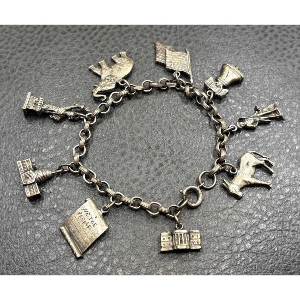 Vintage Germany Silver Tone Patriotic Charm Bracelet Liberty Bell Flag Eagle